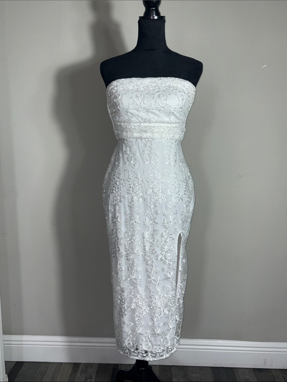 Lulu's White Strapless Lace Midi Dress with Side Slit - Picture 2 of 9